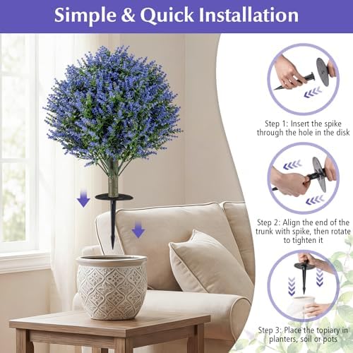 Goplus Set of 2 Artificial Lavender Topiary Ball Trees, 24” Faux Shrub Bushes with Ground Spikes, Sun-Proof Indoor Outdoor Fake Evergreen Plants for Porch, Garden, Yard, Home Decoration