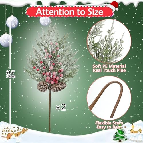 2 Pcs Christmas Artificial Pine Branches 21.2 inch Cedar Pine Stems Christmas Greenery Picks with Red Berries Pinecones Picks Spray Snowy Christmas Tree Branches for Xmas Vase DIY Craft Holiday Decor