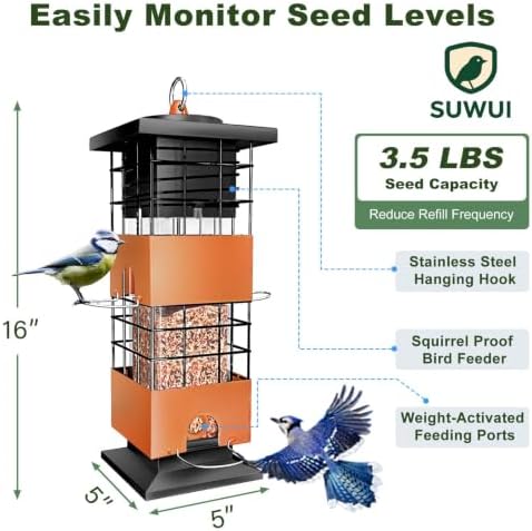 Squirrel Proof Bird Feeder, 3.5Lb Capacity Metal Bird Feeders for Outdoors Hanging, All-Weather Weight Activated Tube BirdFeeder with 4 Ports for Outside,Pigeon Resistant,Easy to Clean & Refill(Brown)