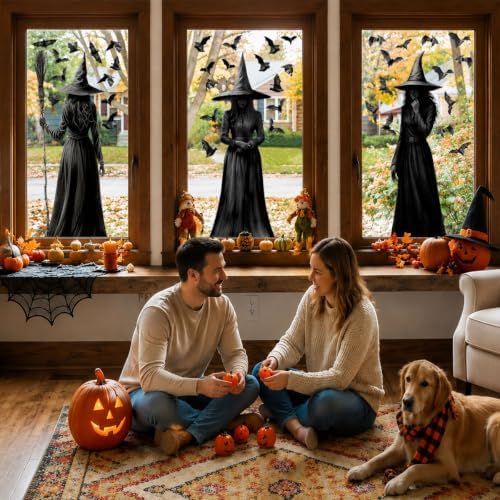 Halloween Window Clings, 3 Large Reusable Scary Witch Silhouette Window Clings & Bat Decals, Witches Silhouette Static Clings for Glass, Indoor Halloween Decorations for Home, School & Office