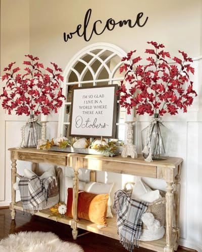 GnFlus 3 Pcs Fall Artificial Oak Leaves Branch Decor,Red,34‘’ Stems