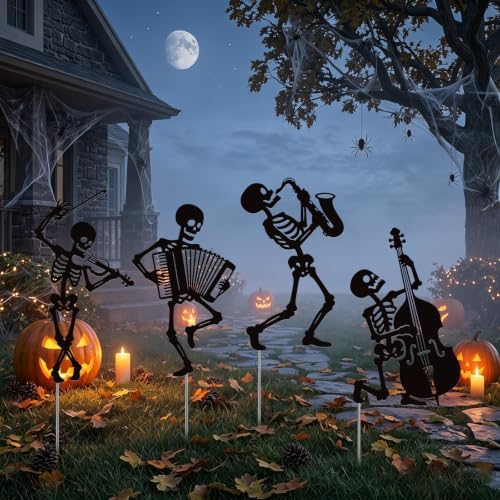 Rngmsi Halloween Yard Decorations Outdoor, 4PCS Metal Skeleton Halloween Outdoor Yard Lawn Stakes, Gothic Scary Lawn Sign with Stakes Waterproof Halloween Garden Stakes for Outside Scary Spooky Decor