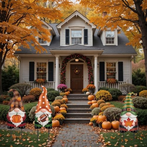 Amyhill 3 Pack Fall Garden Decor - 24'' 25'' 26'' Football Pumpkin Maple Leaf Gnomes Yard Signs with Metal Stakes for Home Outdoor Garden Lawn Porch Autumn Thanksgiving Outside Decorations