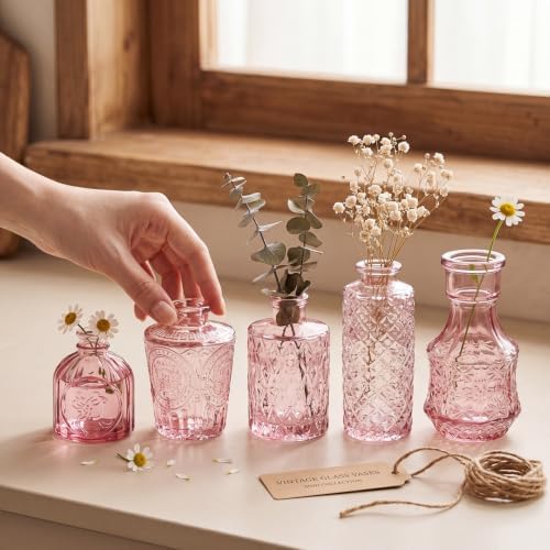 Clear Pink Glass Bud Vase Set of 14 Pcs,Small Bud Vases in Bulk,Glass Crystal Flower Vases Table Centerpieces for Party Event Wedding Decor Baby Shower Decorations (Pink, 14 Pcs)