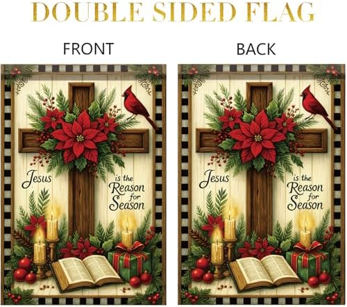 Christmas Garden Flag Jesus Is The Reason for the Season Cross Bible Poinsettia 12x18 Inch Double Sided Outdoor Yard Banner for Religious Christian Nativity Winter Holiday Decoration