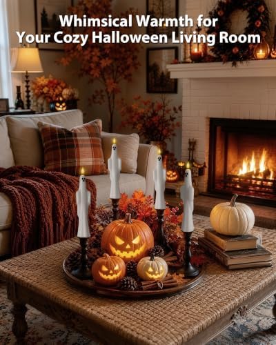 Homemory 6 Pcs Real Wax Ghost Flameless Taper Candles, 3D Wick Flickering Led Candlesticks 9.6 Inch Battery Operated with Remote & Timer, Spooky Halloween Gothic Indoor Decor