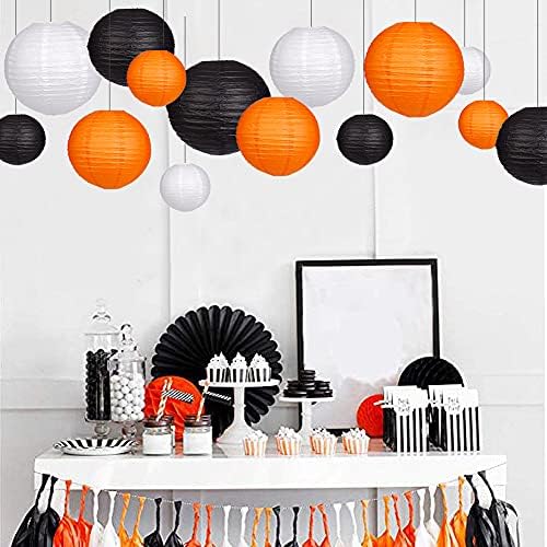 Round Hanging Paper Lanterns Orange and Black Party Decorations 15pcs