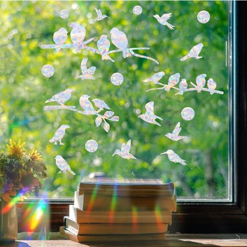 72Pcs Birds Window Stickers Prevent Birds from Hitting Windows, Rainbow Sun Catcher Stickers No Glue Required, Non-Adhesive Reusable Vinyl Rainbow Stickers