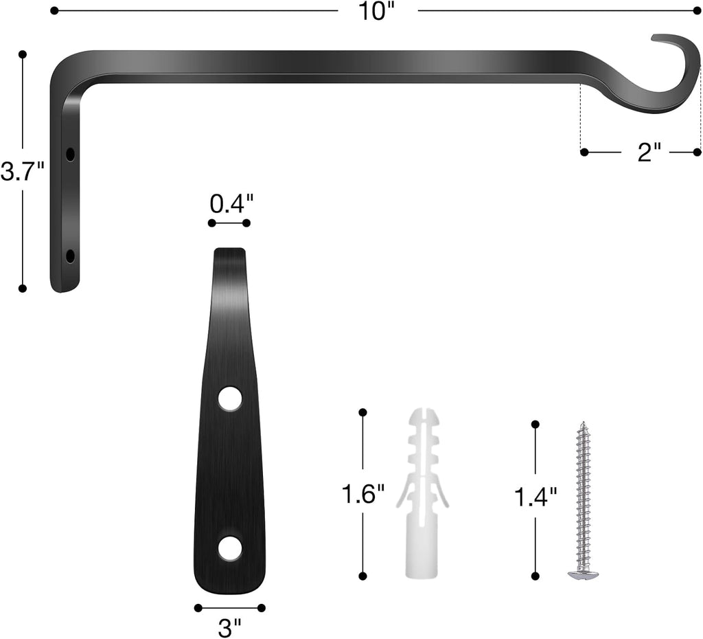 Worth Garden 6-Pack 10" Plant Hanger Bracket - Forged Wrought Iron Powder-Coated Heavy Duty Wall Hook - Black Plant