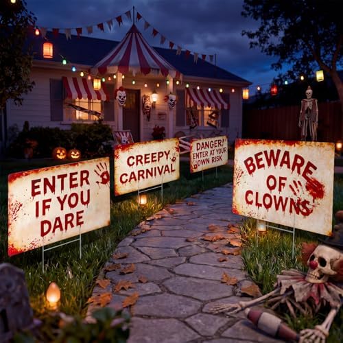 4 Pcs Halloween Clown Plastic Yard Sign, 12 x 16‘’ Garden Stakes