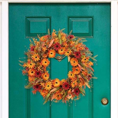 J'FLORU Artificial Fall Wreath 22 Inch Autumn Wreaths for Front Door Orange Daisy Wreath with Wildflowers Berries for Indoor Outdoor Wall Farmhouse Thanksgiving Day Harvest Festival Celebration