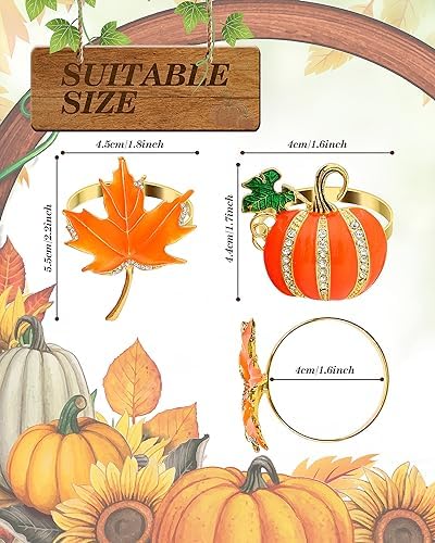 KPOSIYA Thanksgiving Napkin Rings, Fall Napkin Holders, Pumpkin, 12pcs