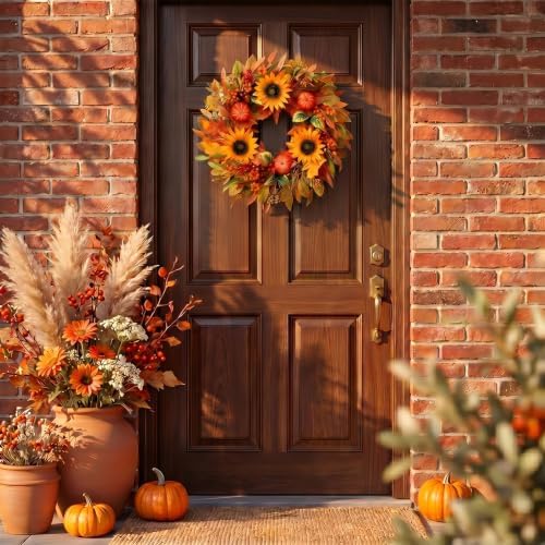 zjlmit Fall Wreaths for Front Door 24 Inch Artificial Fall Wreath with Orange Pumpkins Berries Maple Leaves and Grapevine Base Autumn Sunflower Wreath for Porch Harvest Festival Thanksgiving Day Decor