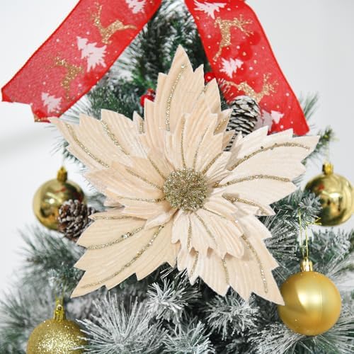 6 Pcs 12" Large Glitter Poinsettia Artificial Christmas Flowers with Stems Xmas Tree Wreath Ornaments New Year Home Wedding Party Decor (Champagne)