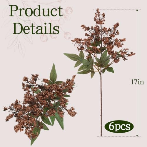 6 Pcs 17'' Artificial Nandina Berry Stems Brown Faux Branches Home Decor