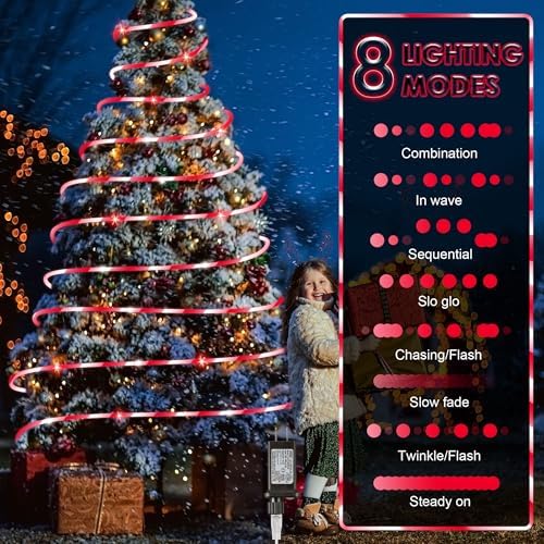 Hiboom 98.4 ft Christmas Candy Cane Rope Lights, 8 Lighting Modes Outdoor Waterproof Christmas Rope Lights with Timer for Terrace Tree Fence Patio Garden Yard Decor(1 Pack)