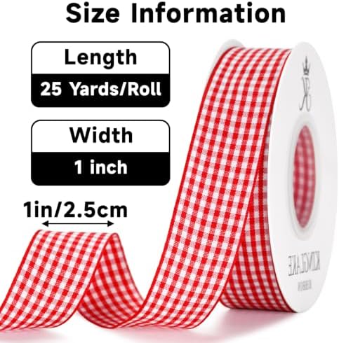 KINGLAKE Red Gingham Ribbon - 1'' x 25 Yds Red Plaid Ribbon
