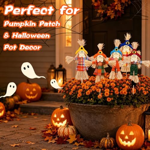 10 Pcs Halloween Scarecrow Decor, 13.8 Inch Scarecrows on Sticks for Garden