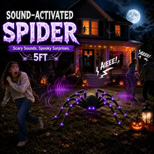 5 FT Light Up Giant Spider,Sound-Activated Halloween Decorations Outdoor