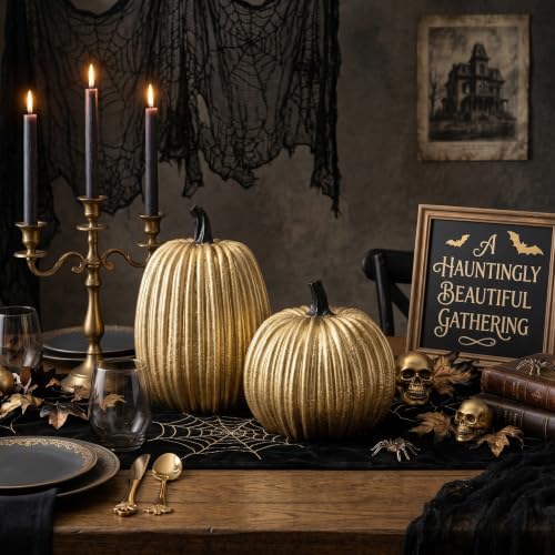 Gold Halloween Pumpkin Decor, Small Resin Pumpkins Set of 2