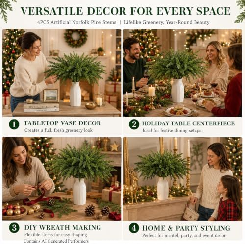 RAINFLOW 4 Pack Christmas Artificial Stems - Artificial Norfolk Pine Stems