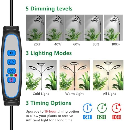Aumtrly 3 Head Black Floor Grow Light for Large Tall Indoor Plants Growing
