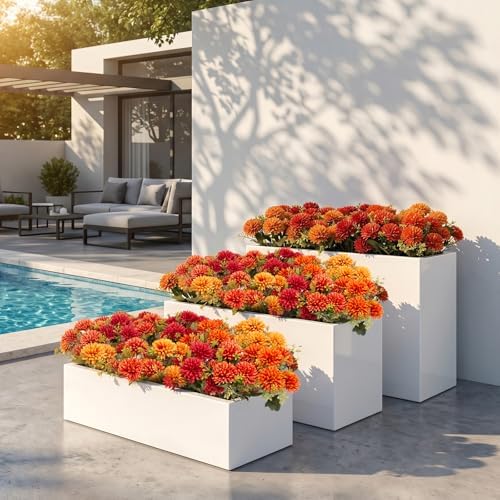 24 Pcs Artificial Mums Flowers for Outdoor, UV Resistant Fake fall Chrysanthemums Marigold Plant, Autumn Floral Arrangements for Outside, Garden, Yard (24, Orange, Burnt Orange, Red, Burgundy)