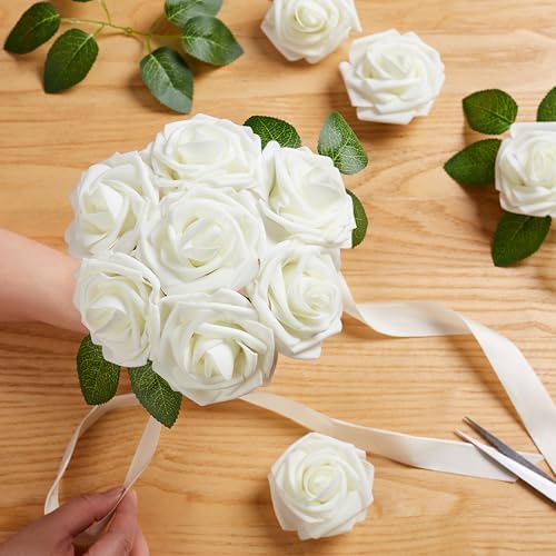 16 Pcs White Artificial Flowers, Fake Roses with Stems