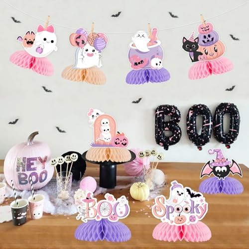 Pink Purple Halloween Party Decorations Girl 8pcs Halloween Party Honeycomb Centerpiece Spooky Boo Ghost Bat Halloween Table Topper Decorations for Spooky One Birthday Happy Boo Baby Shower