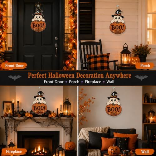 Halloween Decoration Door Sign Wooden Witch Hat Ghost Boo Pumpkin Hanging
