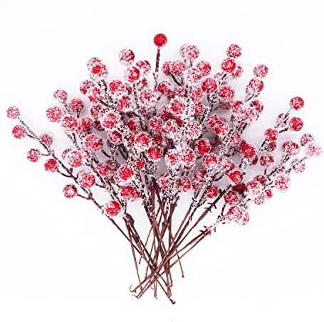 24 Pieces Artificial Holly Berry Stems 9" Christmas Berry Picks Sprays Snowy Fake Red Berries for Xmas Tree Branches Fillers Ornaments Valentine DIY Crafts Wedding Home Party Winter Decor (24, Red)