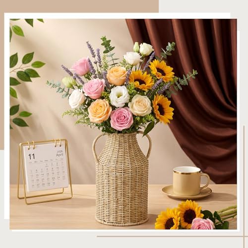 Faux Rattan Vase Wicker Vase Country Style, Double Handles, 11" h