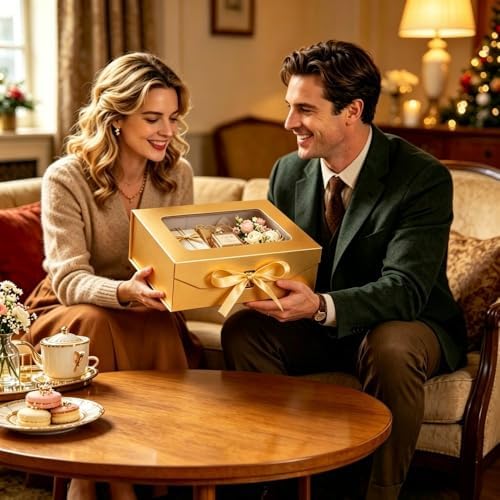 5 Pcs Gold Gift Box for Presents with Ribbon 10.8x7.5x3.5 Inches Clear Gift Box with Window Magnetic Closure Gift Boxes with Lids