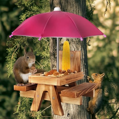 Gnodary Squirrel Feeder with Umbrella, Squirrel Feeders for Outside, Squirrel Picnic Table Feeder - Chipmunk Feeder Hold Corn, Corn Cob, Peanuts (Dark-Pink)