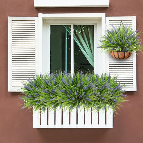 Sggvecsy 12 Bundles Artificial Plants Outdoor Faux Lavender Flowers Fake Monkey Grass UV Resistant Plastic Greenery Plants for Garden Home Porch Window Patio Hanging Planter Indoor Decor (Purple)