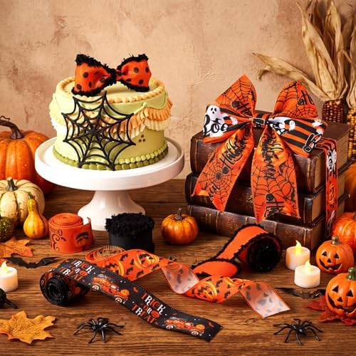 9 Roll 45 Yards Ghost Pumpkin Halloween Wired Ribbons for Wreath Bow