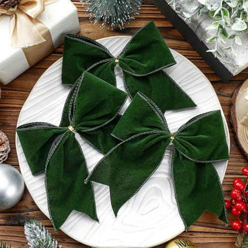 Janinka 12 Pcs 6 Inch Christmas Velvet Bows for Wreath Decoration, Green