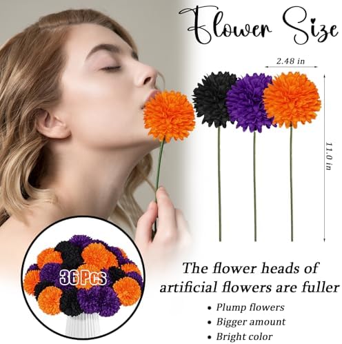 36 Pcs Halloween Artificial Flowers Halloween Chrysanthemums Ball Silk Flowers Black Orange Purple Fake Hydrangea for Halloween Party Home Table Centerpieces Vase Decor
