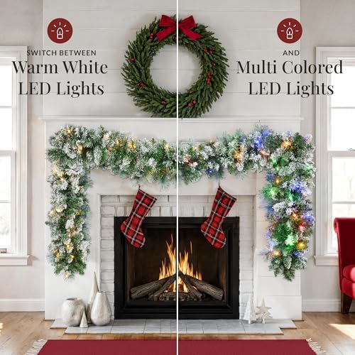 Best Choice Products 9ft Pre-Lit Christmas Garland Holiday Décor for Stairs, Mantel, 2-in-1 White & Multi LED Lights - Fully-Flocked