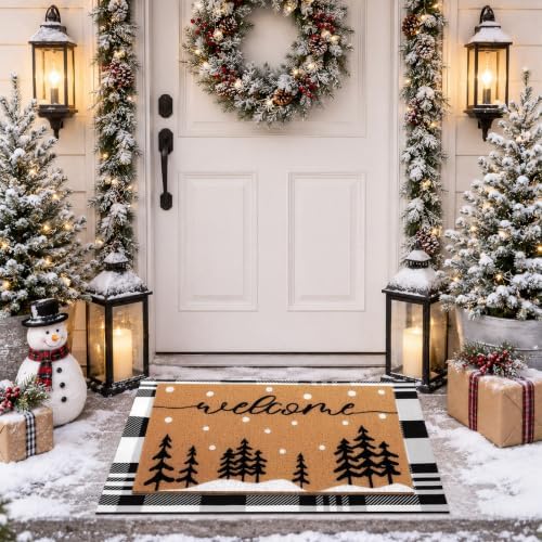 Tinideya 2 Pcs Christmas Layered Doormat Set for Front Porch, Snowy Tree