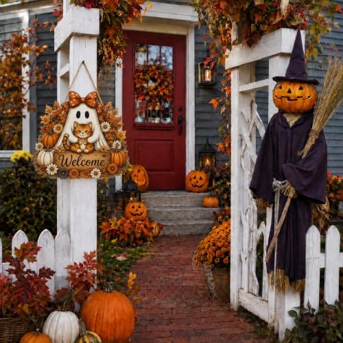 Halloween Door Wreath, Wooden Ghost Cat Welcome Door Wall Sign