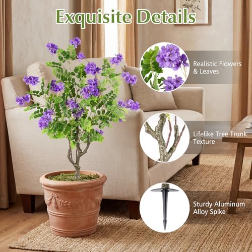 Goplus 2 Pack Artificial Locust Flower Trees, 39” Fake Evergreen Shrubs with Ground Spikes, Sophora Japonica Blossoms, Sun-Proof Indoor & Outdoor Faux Silk Plants for Home Garden Decoration