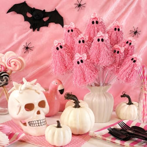 Suncalla 12 Pcs Halloween Pink Ghost Stems 12 Inch Cute Glitter Ghost Picks