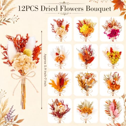 12pcs Fall Dried Flowers 6-7" Mini Boho Floral Bouquet Assortment