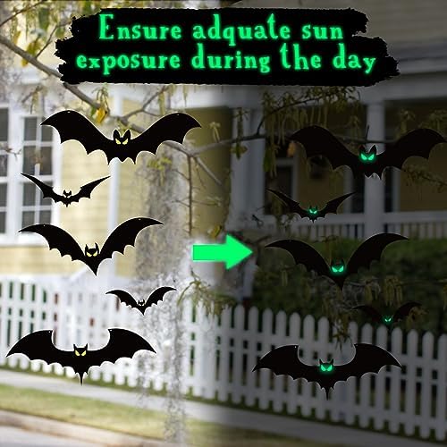 12pcs Halloween Hanging Bats Decorations - Outdoor Bats with Glowing Eyes for Trees, Yards & Porches