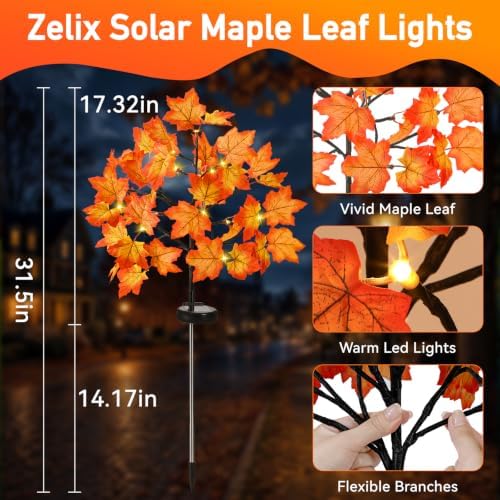 Fall Decorations Outdoor Solar Lights, 2Pcs Thanksgiving Lights 40LED 80 Maple Leaves Stake Light Waterproof 8 Lighting Modes for Autumn Patio Garden Yard Outside Halloween Thanksgiving Decorations