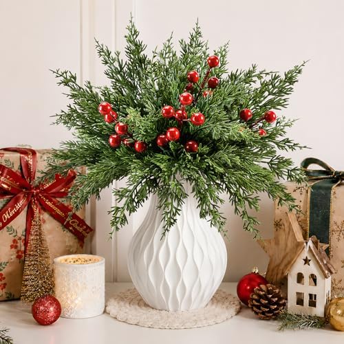 45PCS Artificial Christmas Pine Branches with Red Berry Stems