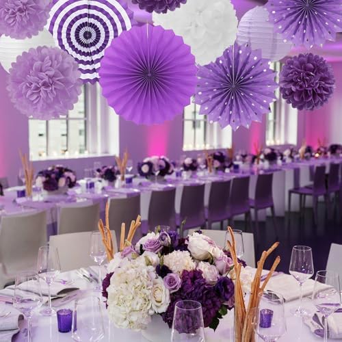 Lavender-Purple White Graduation Party Decorations - 20pcs Paper Lanterns Fans,Tissue Pom Poms,Honeycomb Balls,Birthday Wedding Bridal Baby Shower Engagement Bachelorette Decor Burgleda