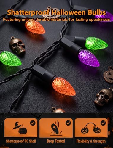 23FT Halloween C3 LED String Lights, 50 Orange Green Purple Mini Lights