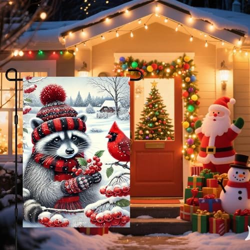BlissYard Garden Flag Raccoon Red Scarf Winter 12x18 Inch Polyester